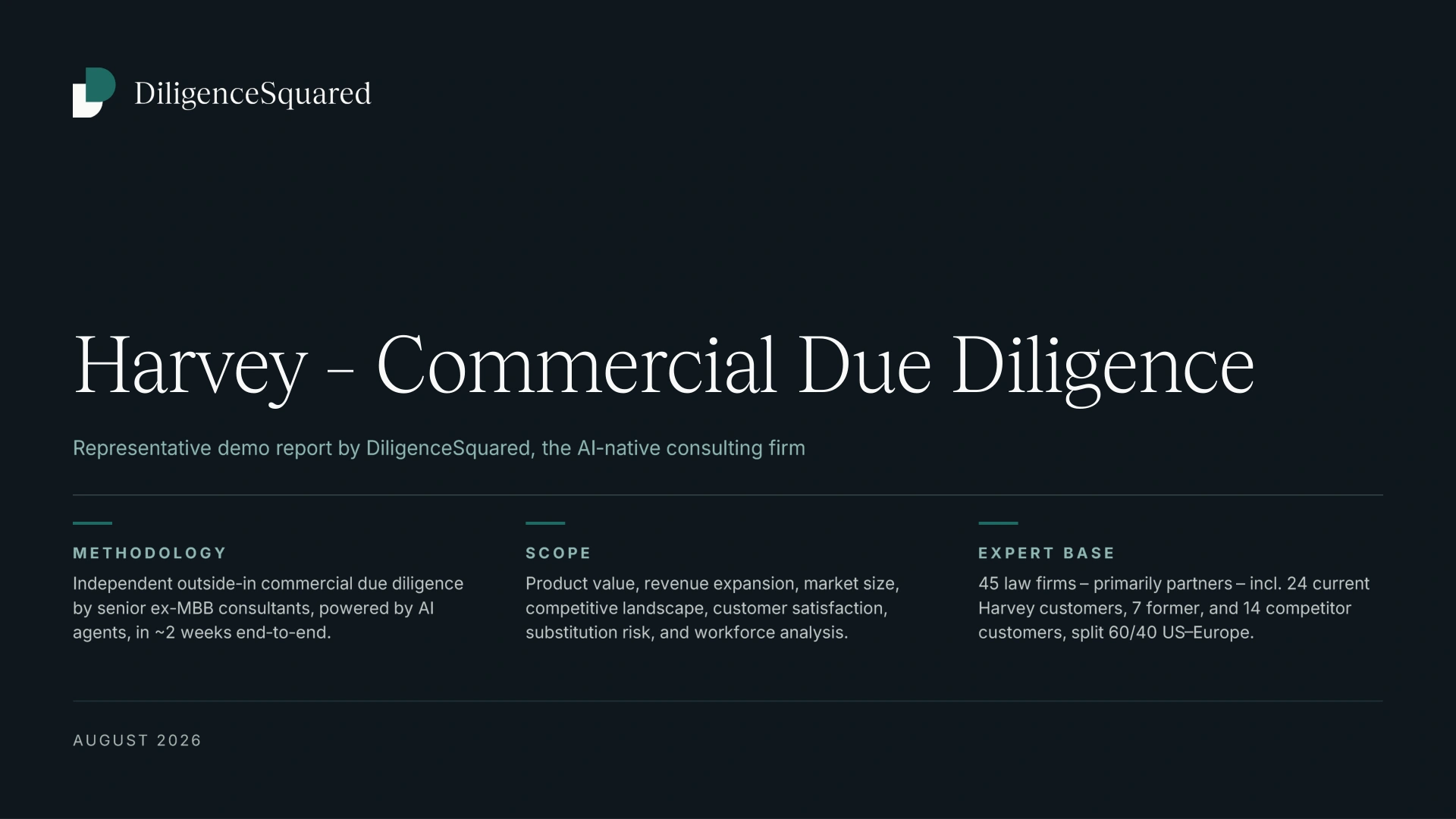 Title page: Harvey — Commercial Due Diligence, a representative demo report by DiligenceSquared, August 2026